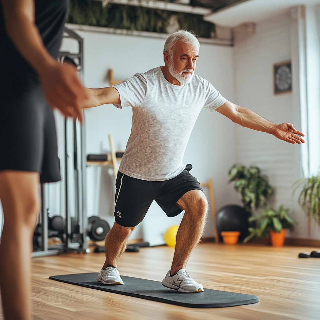 Пенсіонер виконує вправи на рівновагу